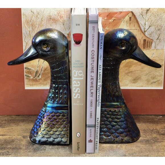 Pair Of Carnival Glass Duck Head Bookends Peacock Blue 9.5 Inches *READ *